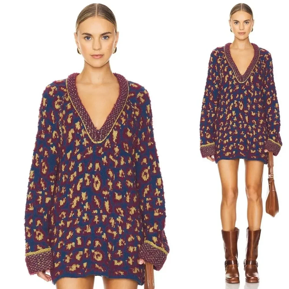Free People Leopard Little Animal Pullover Crew Neck Sweater Blue Fig Combo XS